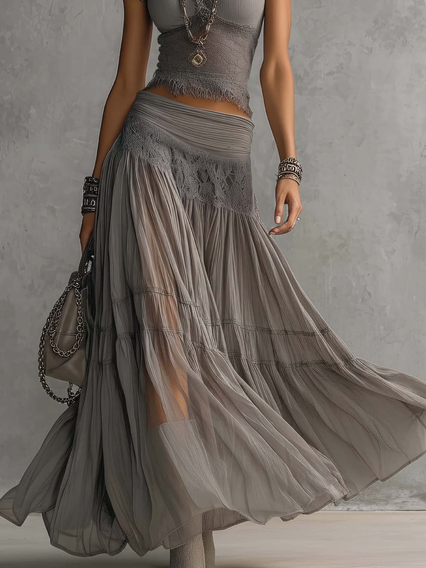 Elena Lace-Paneled Top and Pleated Maxi Skirt Set - - Matching Sets - {{ product_tags }