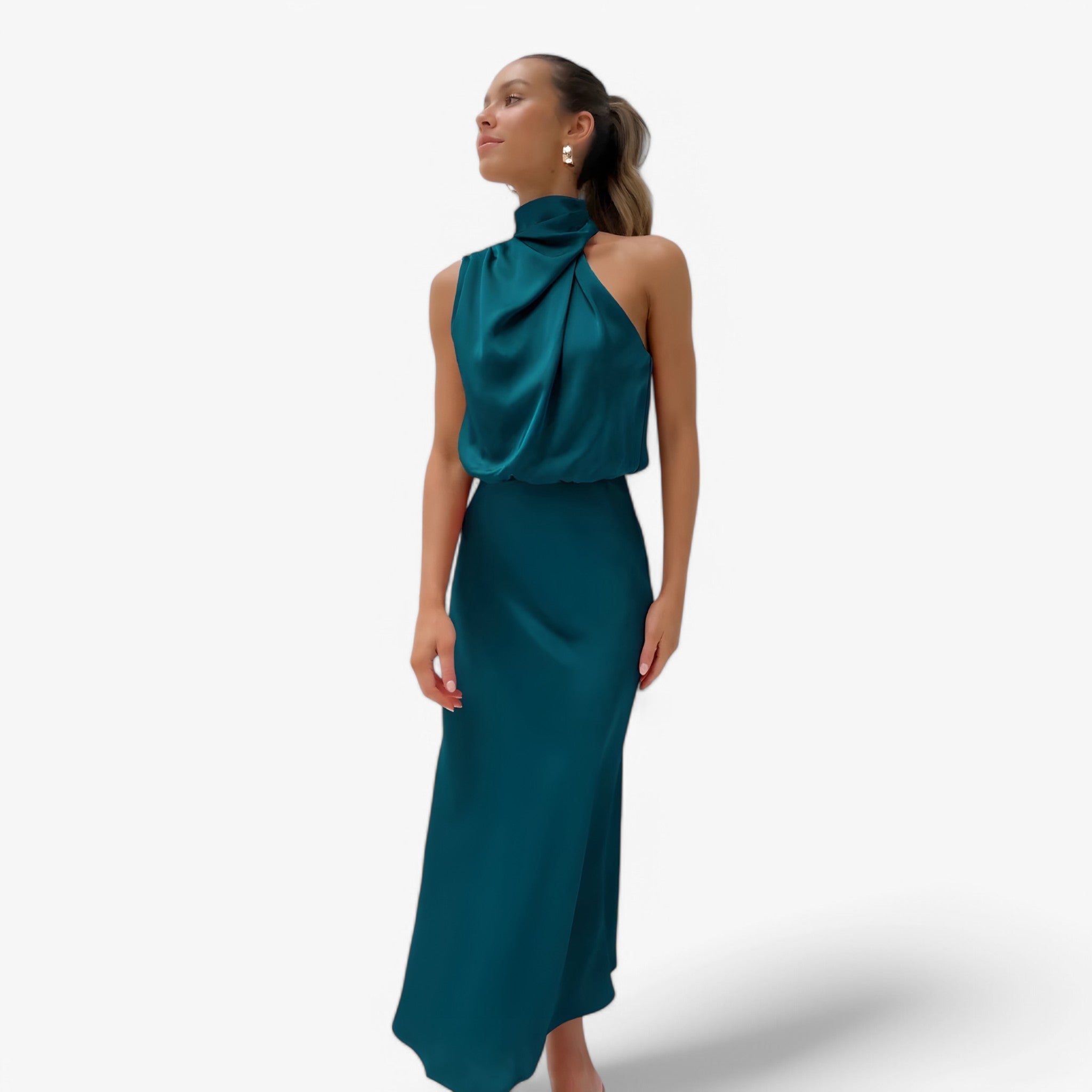 Vivienne | Satin kjole - Yndefuld og elegant - Petroleum Blå - women's fashion - {{ product_tags }