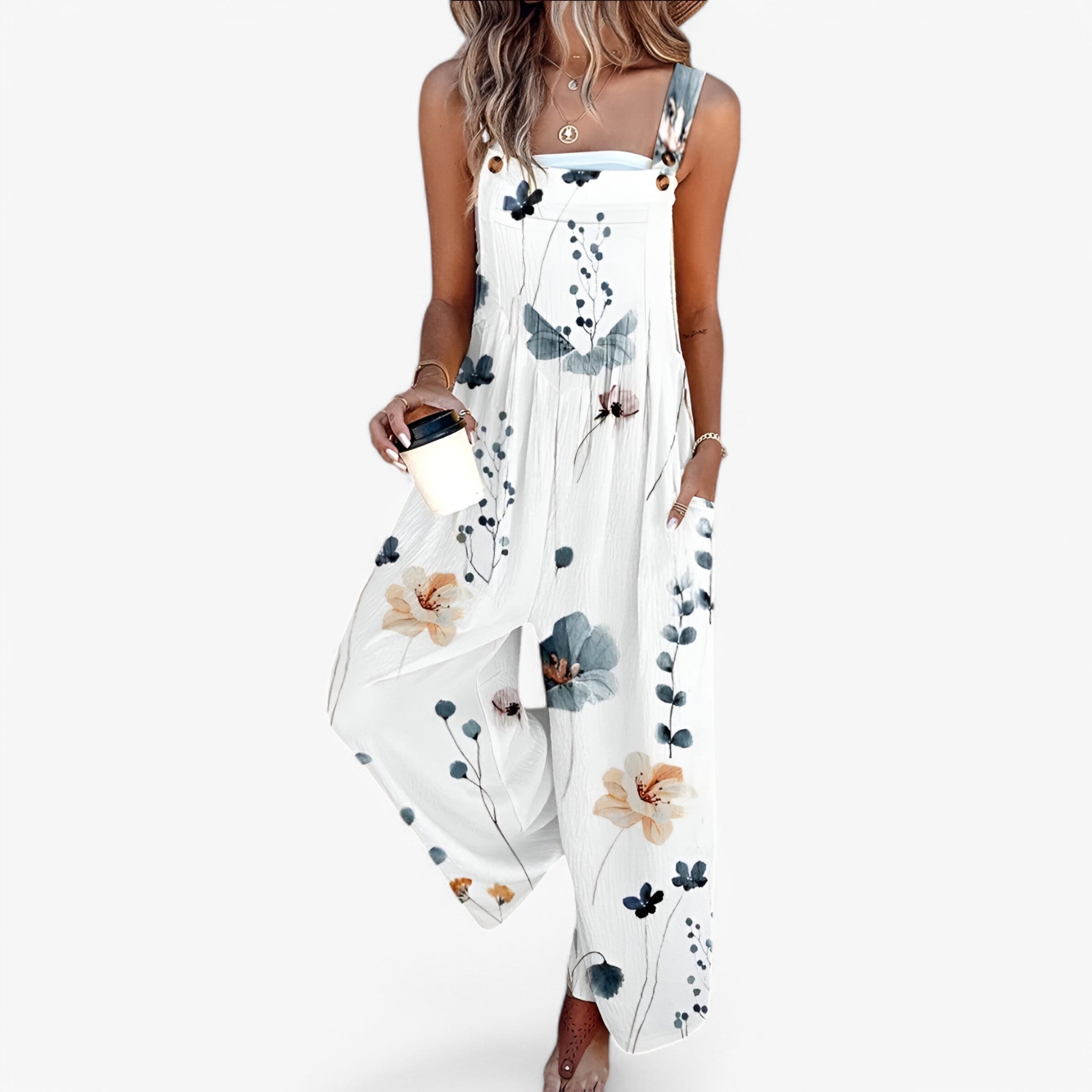 Breezy | Ærmeløs jumpsuit med blomsterprint - Hvid - women's fashion - {{ product_tags }
