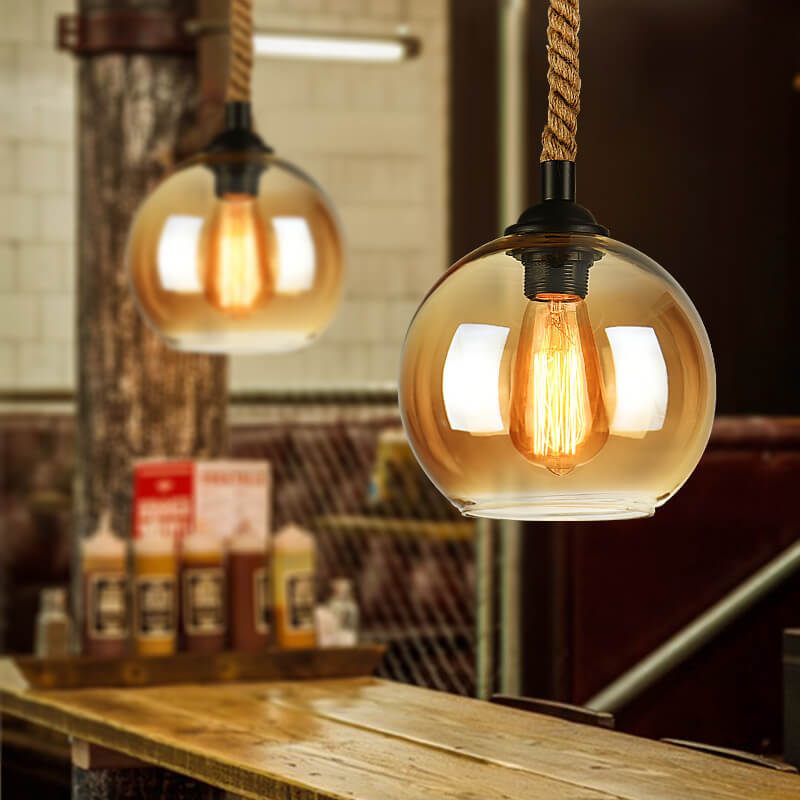 Glaskugle Pendellampe med Hampereb - Vintage Lysdesign - Rav - Pendants - {{ product_tags }