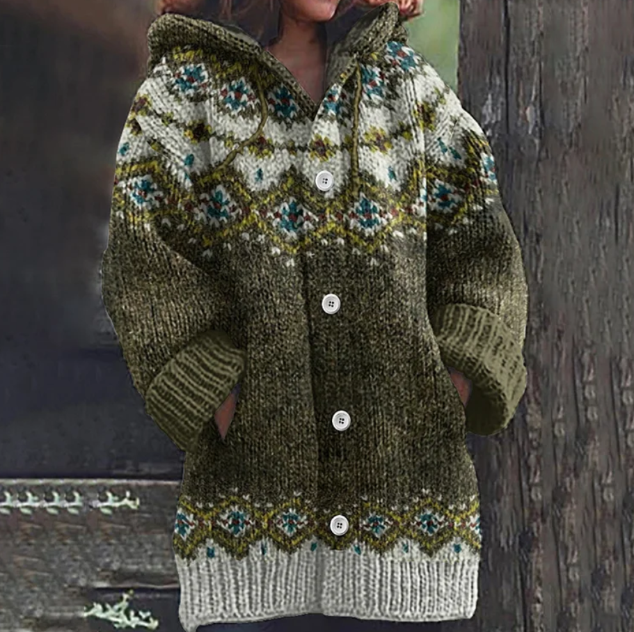 Dame Hættet Strikcardigan med Fair Isle Mønster