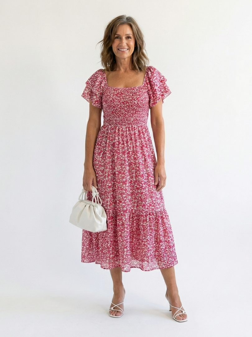 Odette | Off Shoulder Floral Smocked Midi-kjole