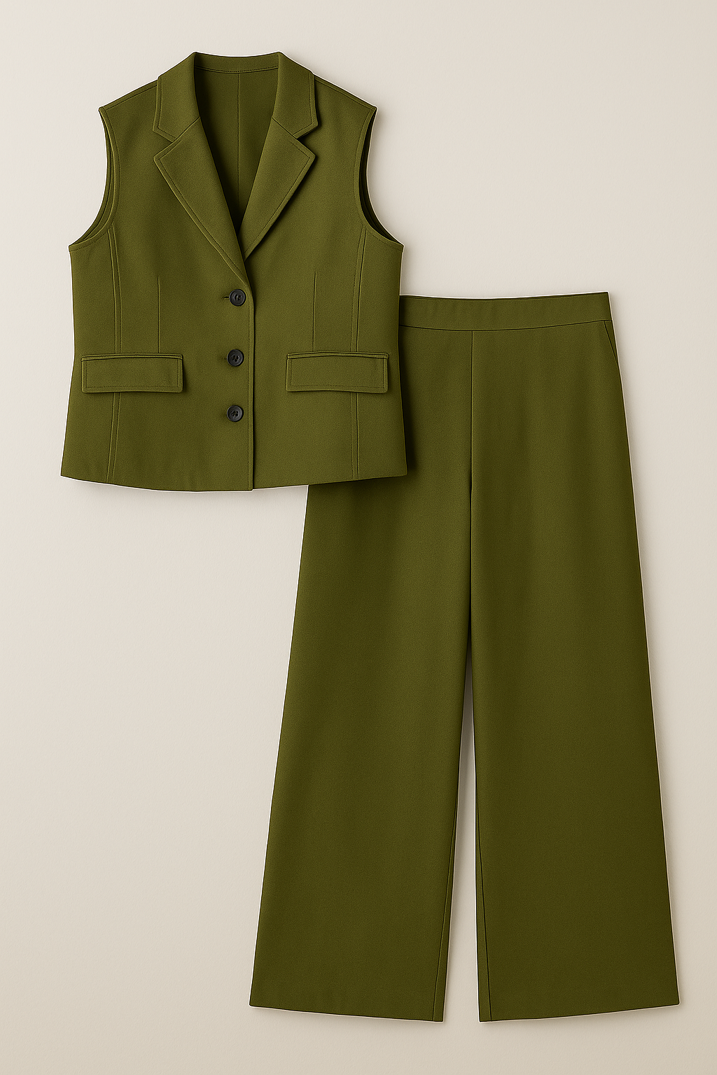 Arianna | Elegant dametrækketøj med vest uden ærmer og brede bukser - Militærgrøn - Arianna | Elegant dametrækketøj med vest uden ærmer og brede bukser- €25 - {{ product_tags }