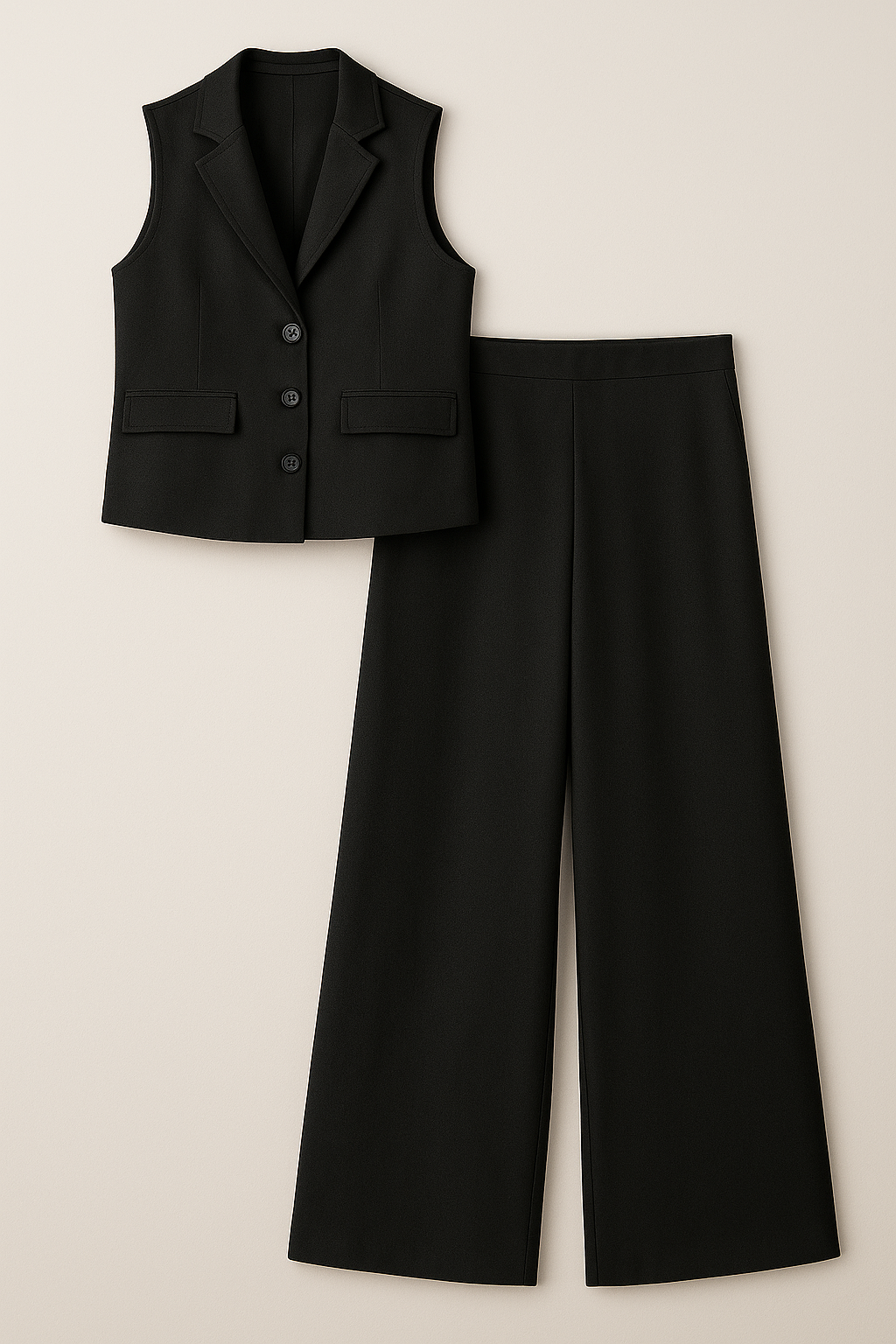 Arianna | Elegant dametrækketøj med vest uden ærmer og brede bukser - Sort - Arianna | Elegant dametrækketøj med vest uden ærmer og brede bukser- €25 - {{ product_tags }