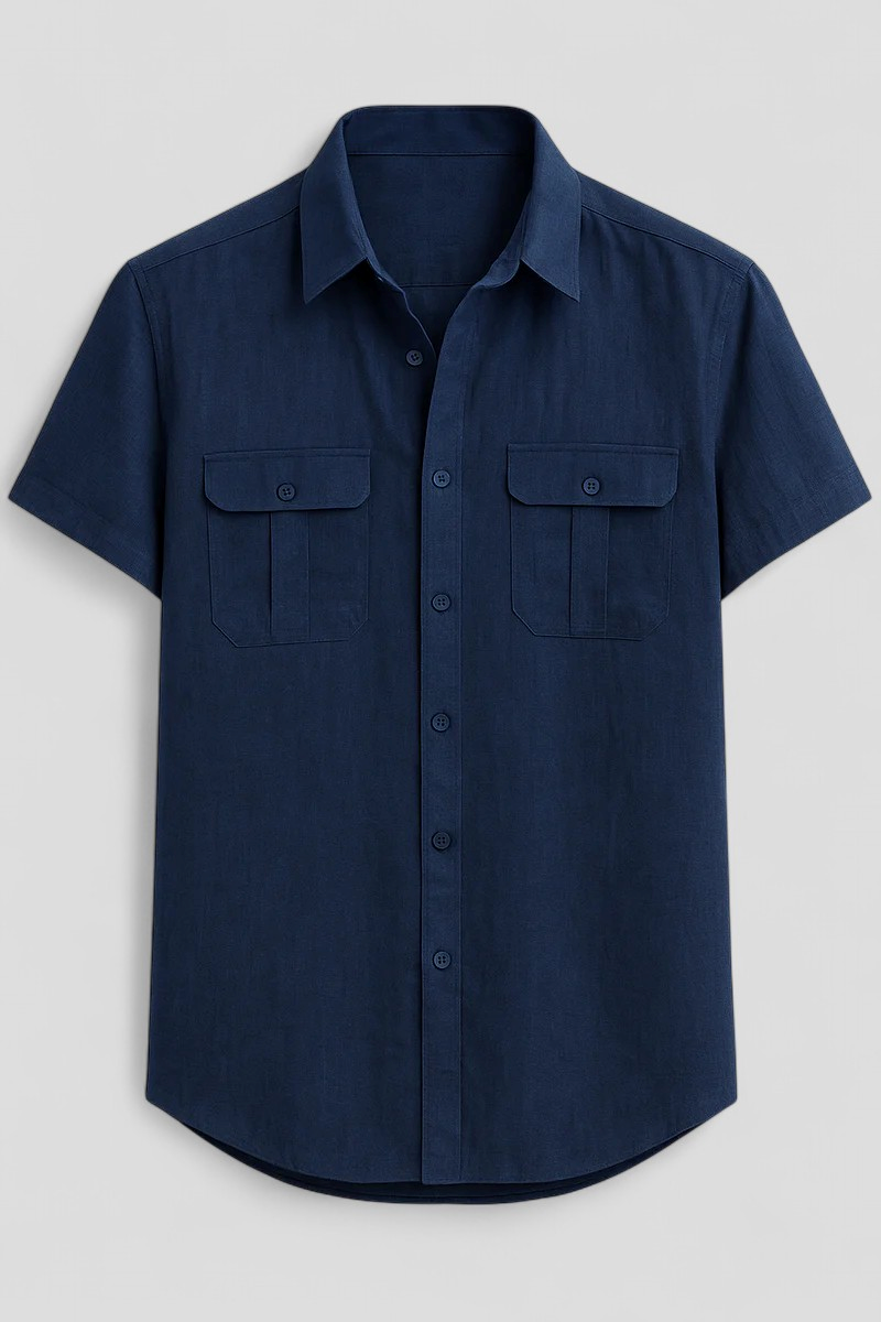 Vico | Sommerskjorte til mænd i linned med korte ærmer og forlommer - Marineblå - Vico | Sommerskjorte til mænd i linned med korte ærmer og forlommer- €25 - {{ product_tags }