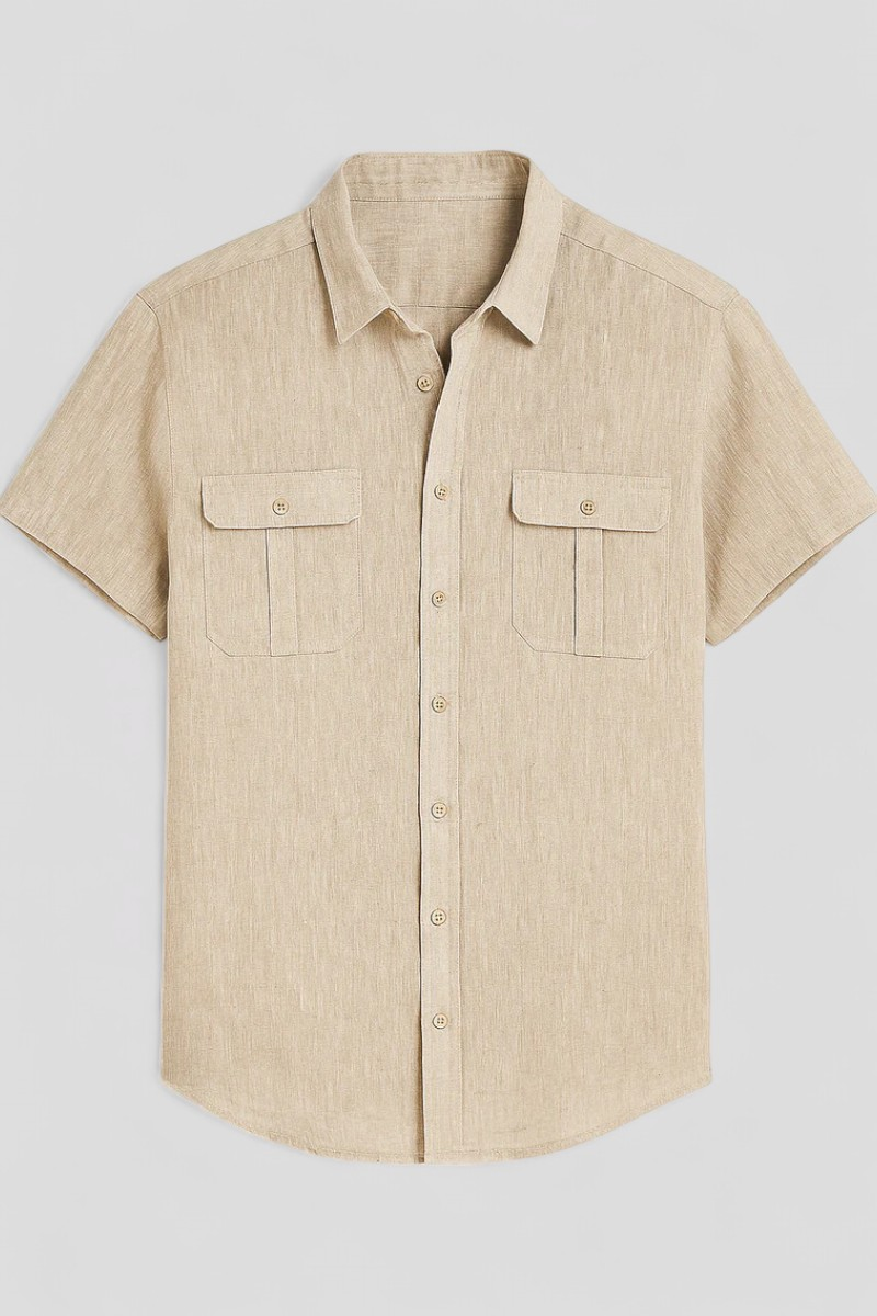 Vico | Sommerskjorte til mænd i linned med korte ærmer og forlommer - Abrikos - Vico | Sommerskjorte til mænd i linned med korte ærmer og forlommer- €25 - {{ product_tags }