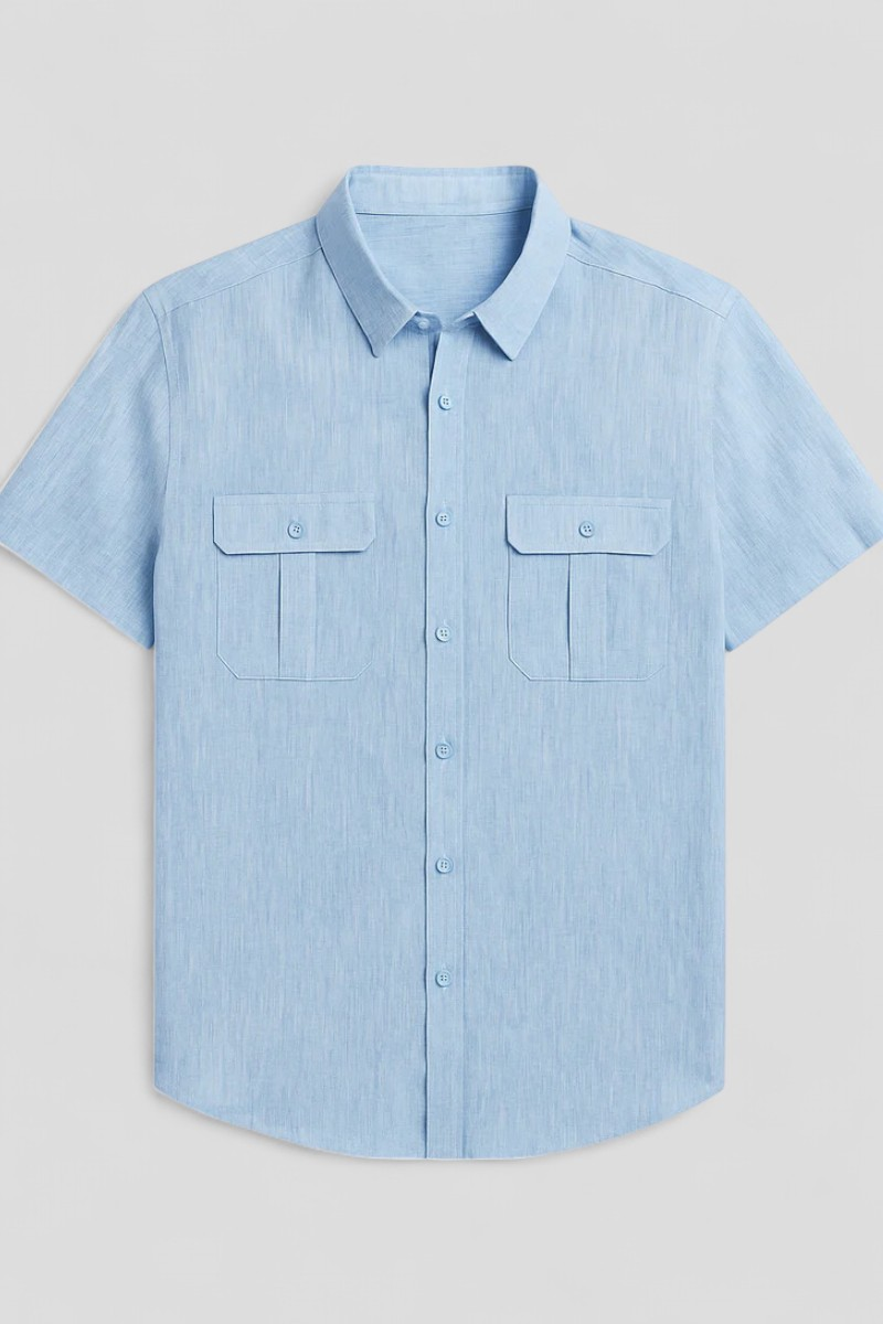 Vico | Sommerskjorte til mænd i linned med korte ærmer og forlommer - Blå - Vico | Sommerskjorte til mænd i linned med korte ærmer og forlommer- €25 - {{ product_tags }