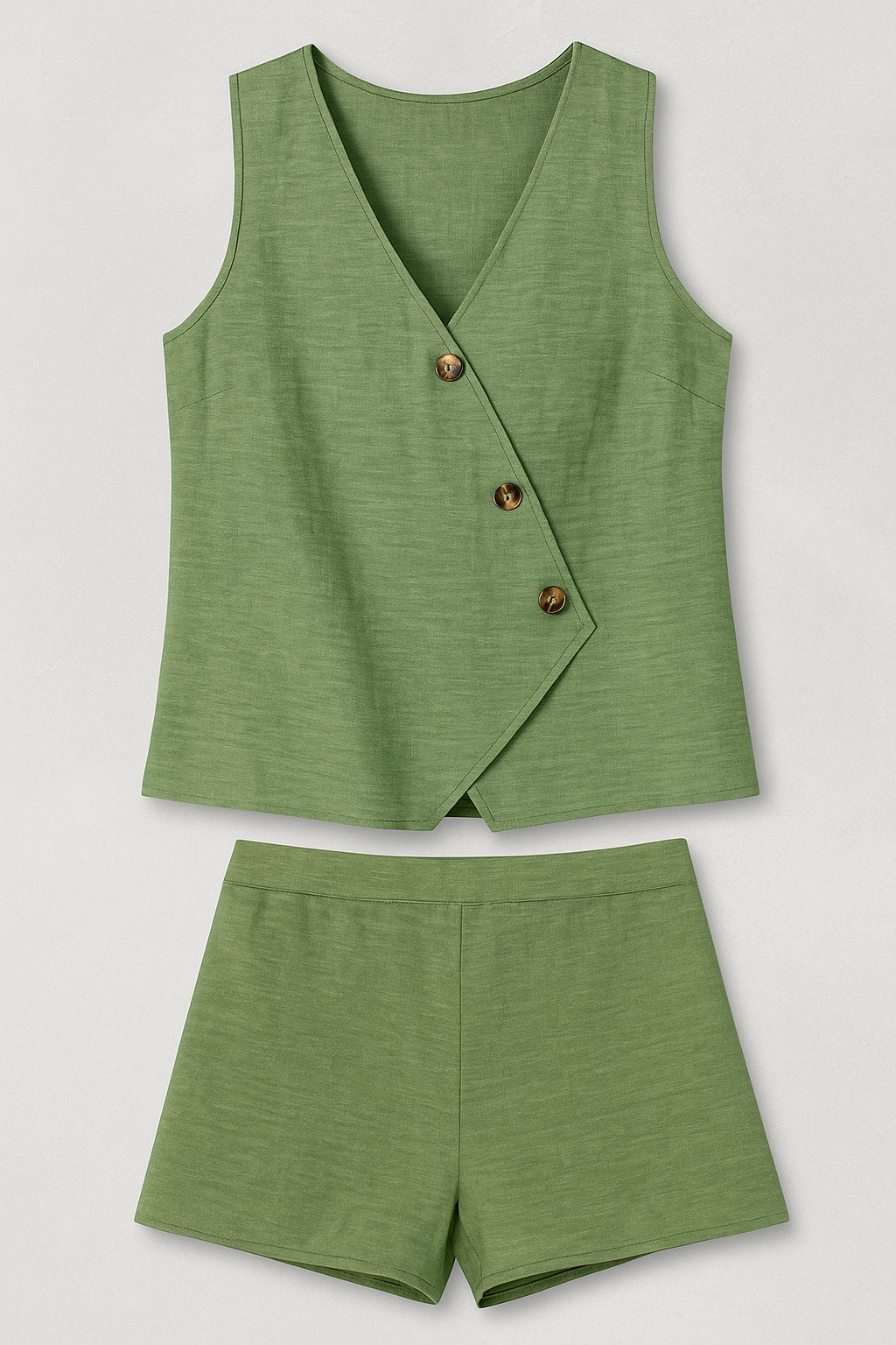 Zoya | Kvinder Sommerdobbelt sæt med wrap-top og shorts i linnedblanding - Grün - Zoya | Kvinder Sommerdobbelt sæt med wrap-top og shorts i linnedblanding - €25 - {{ product_tags }