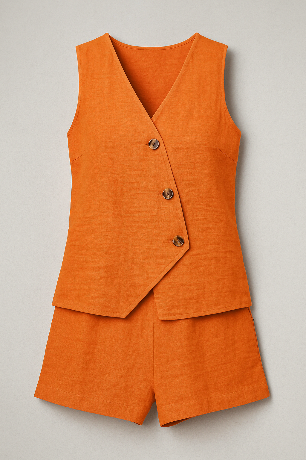 Zoya | Kvinder Sommerdobbelt sæt med wrap-top og shorts i linnedblanding - Orange - Zoya | Kvinder Sommerdobbelt sæt med wrap-top og shorts i linnedblanding - €25 - {{ product_tags }
