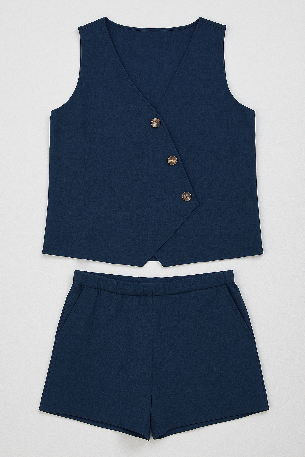 Zoya | Kvinder Sommerdobbelt sæt med wrap-top og shorts i linnedblanding - Marineblau - Zoya | Kvinder Sommerdobbelt sæt med wrap-top og shorts i linnedblanding - €25 - {{ product_tags }