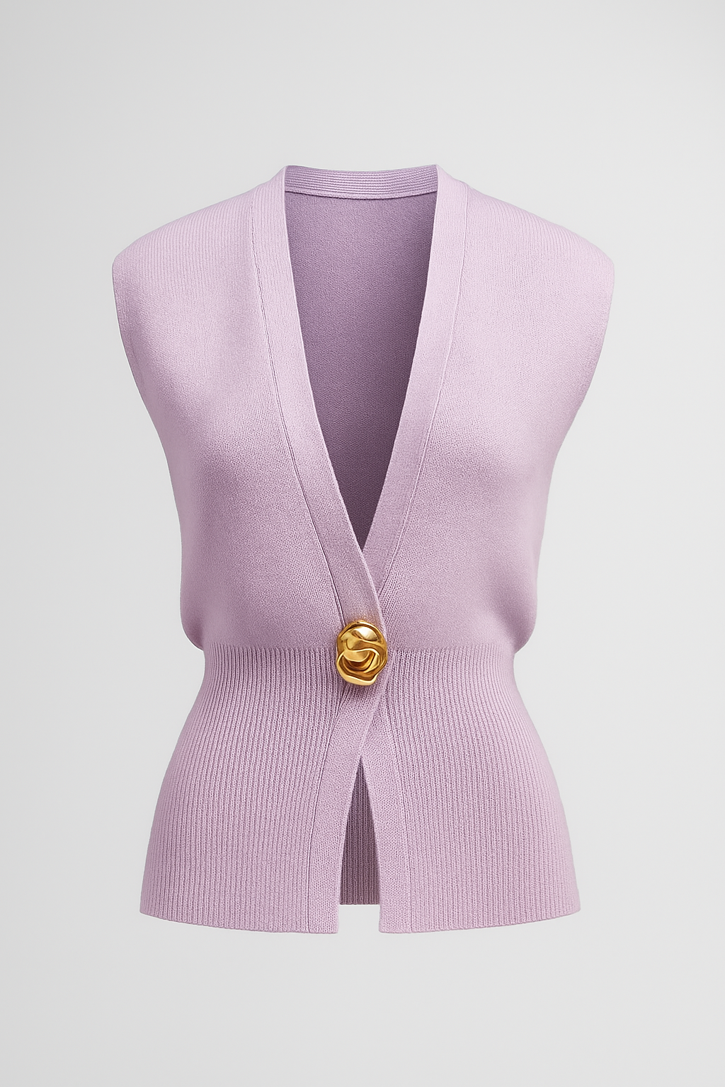 Iris | Elegant damestrikvest med guldknap - Lila - Iris | Elegant damestrikvest med guldknap - €25 - {{ product_tags }
