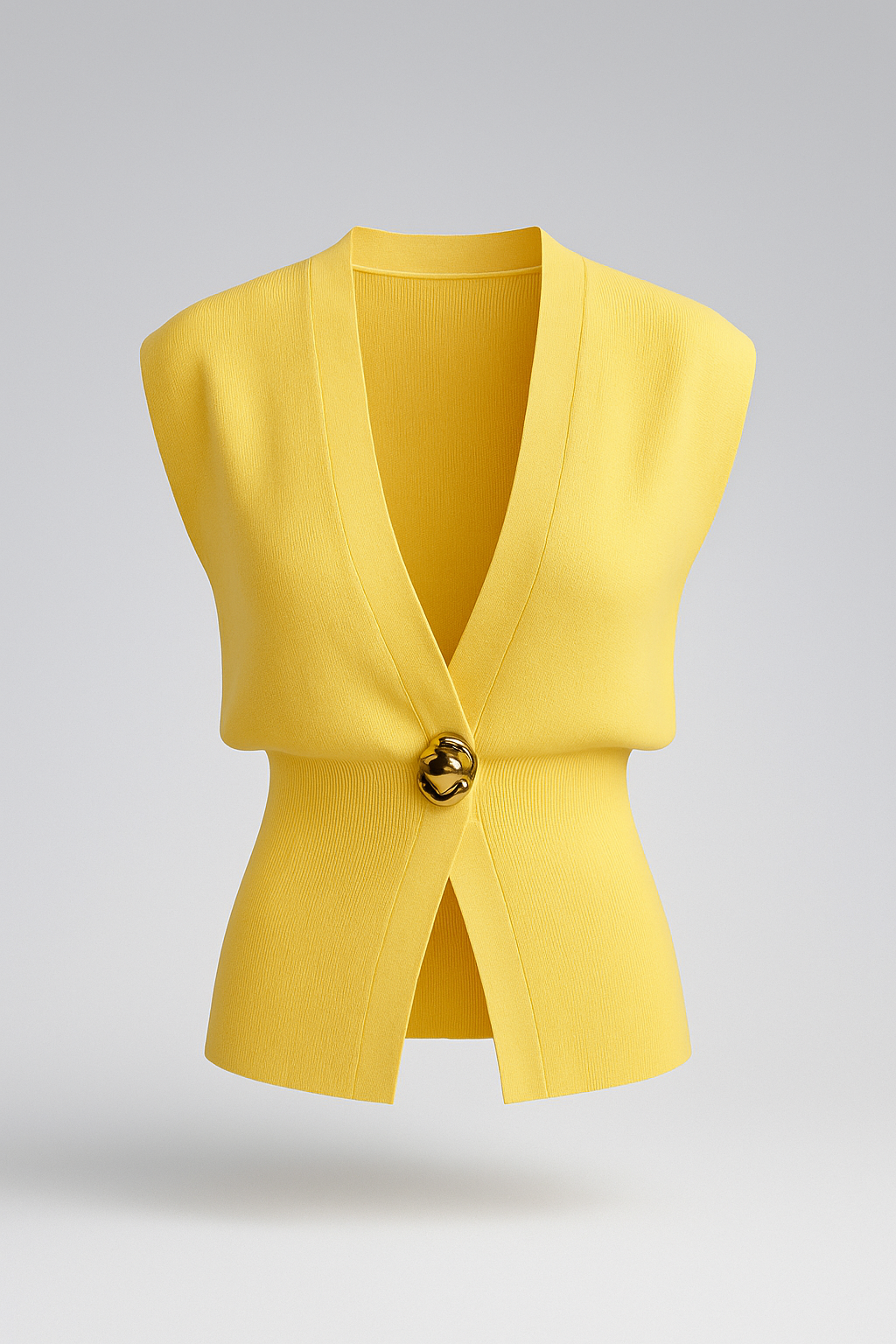 Iris | Elegant damestrikvest med guldknap - Gelb - Iris | Elegant damestrikvest med guldknap - €25 - {{ product_tags }