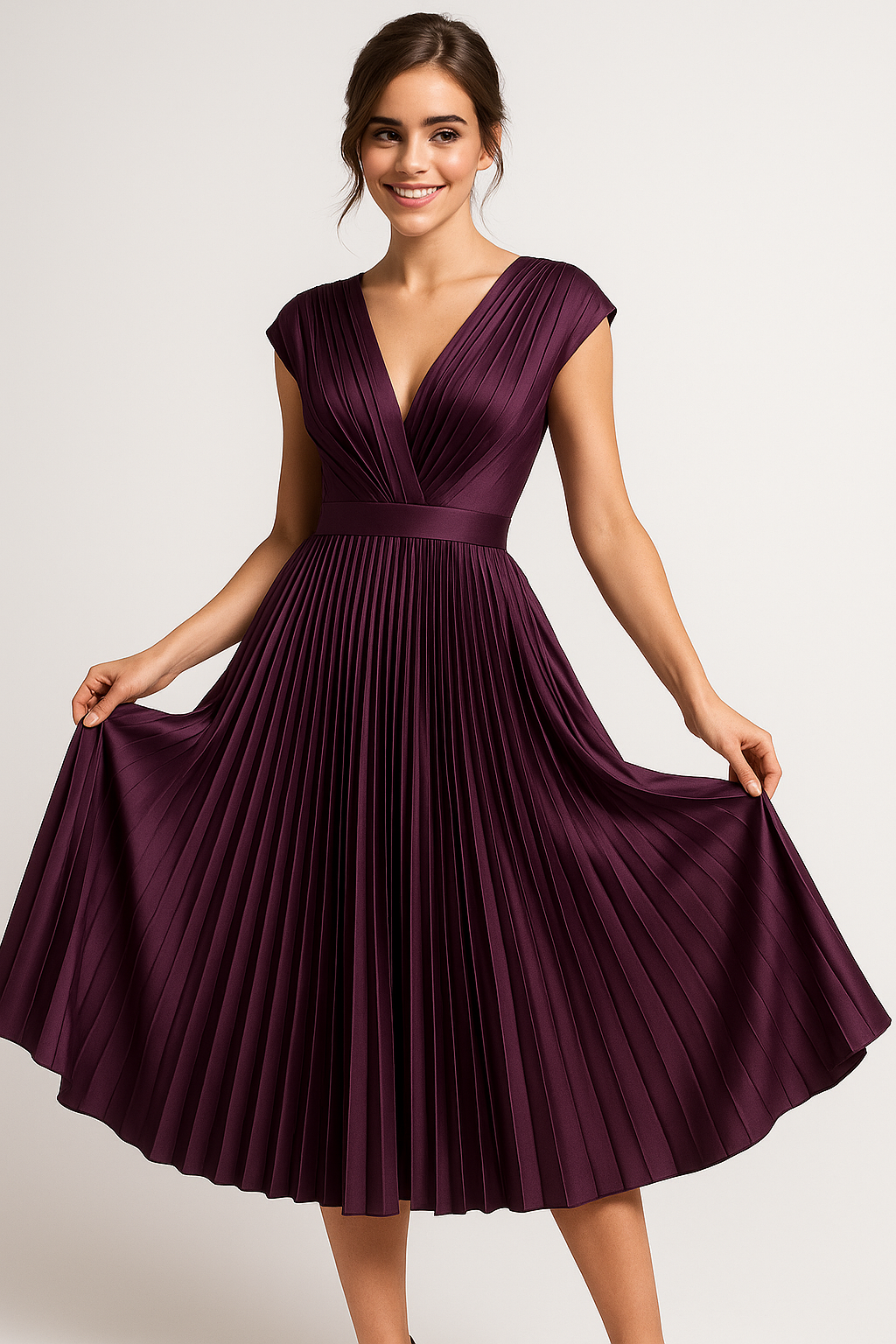 Amora | Damen elegant plissee-midi kjole med V-hals - - Amora | Damen elegant plissee-midi kjole med V-hals - €25 - {{ product_tags }