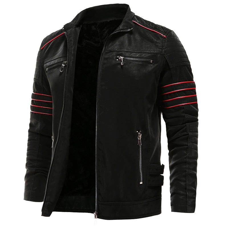 Herre Bikerjakke i Kunstlæder med Kontrastrande - Sort - Kleding en accessoires > Kleding > Buitenkleding > Jassen en jacks - {{ product_tags }