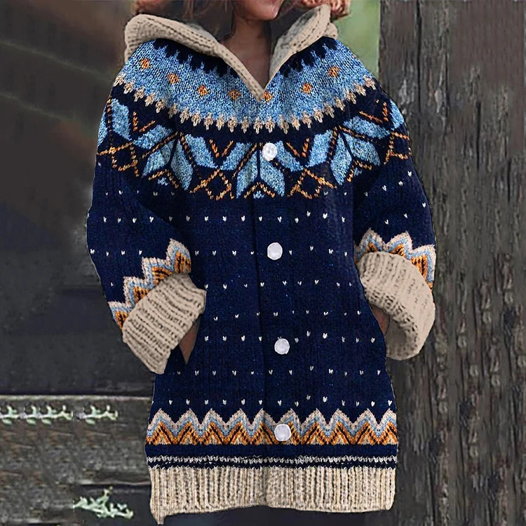 Dame Hættet Strikcardigan med Fair Isle Mønster