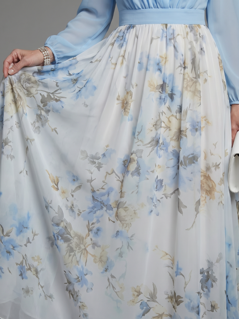 Augusta | V-hals gennemsigtig bodice blomstret maxikjole
