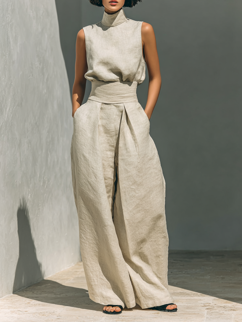 Maria™ | Complete set with tank top and wide cotton and linen pants - Khaki - - {{ product_tags }