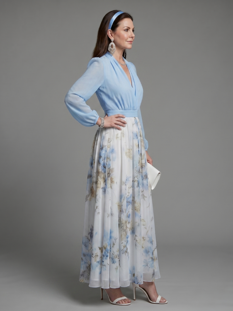 Augusta | V-hals gennemsigtig bodice blomstret maxikjole