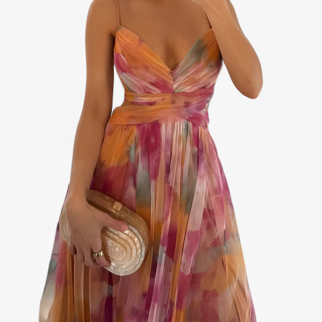 Lucia | Flydende pastelfarvet lang kjole med akvareleffekt - Appelsin - women's fashion - {{ product_tags }