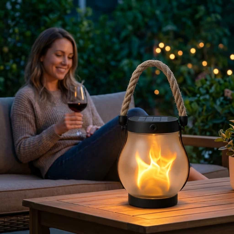 Czarna solarna lampa płomieniowa do ogrodu – Type-C i efekt świetlny 3D