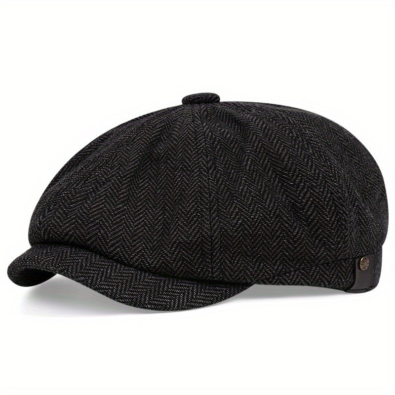 Retro kasket med otte paneler i sildebens-tweedstof, afslappet stribet kasket - Sort 1 - men's fashion - {{ product_tags }