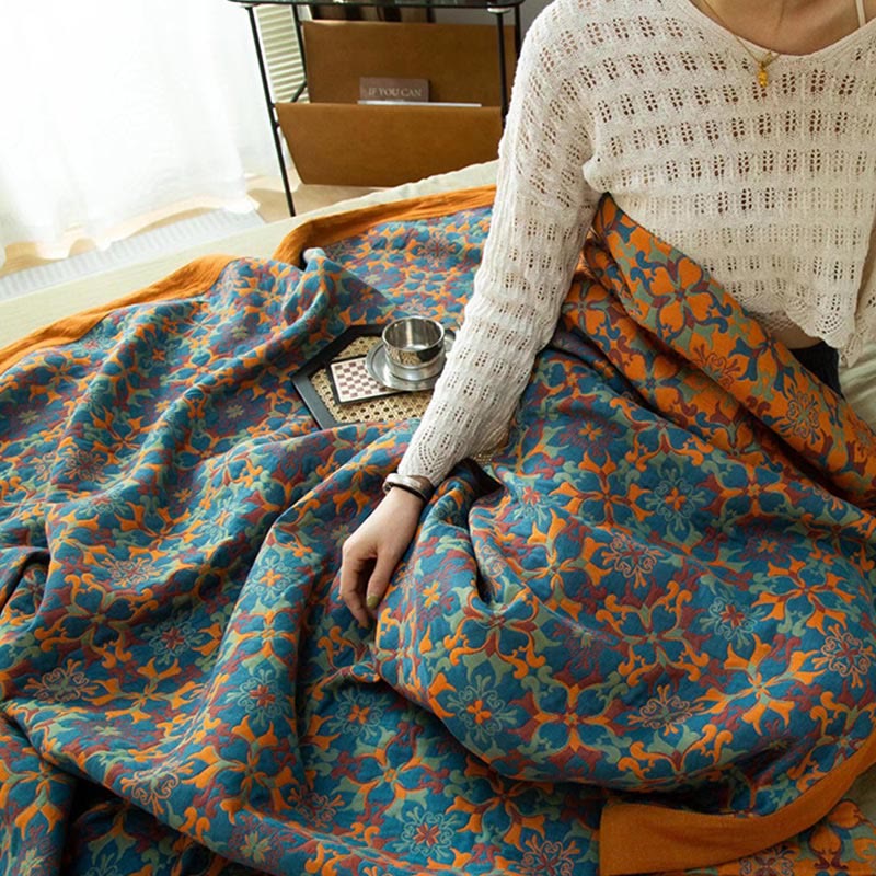 Etnisk stil | Bomuld quilt i seks lag med orange og blå mønster - - Etnisk stil | Bomuld quilt i seks lag med orange og blå mønster - €25 - {{ product_tags }