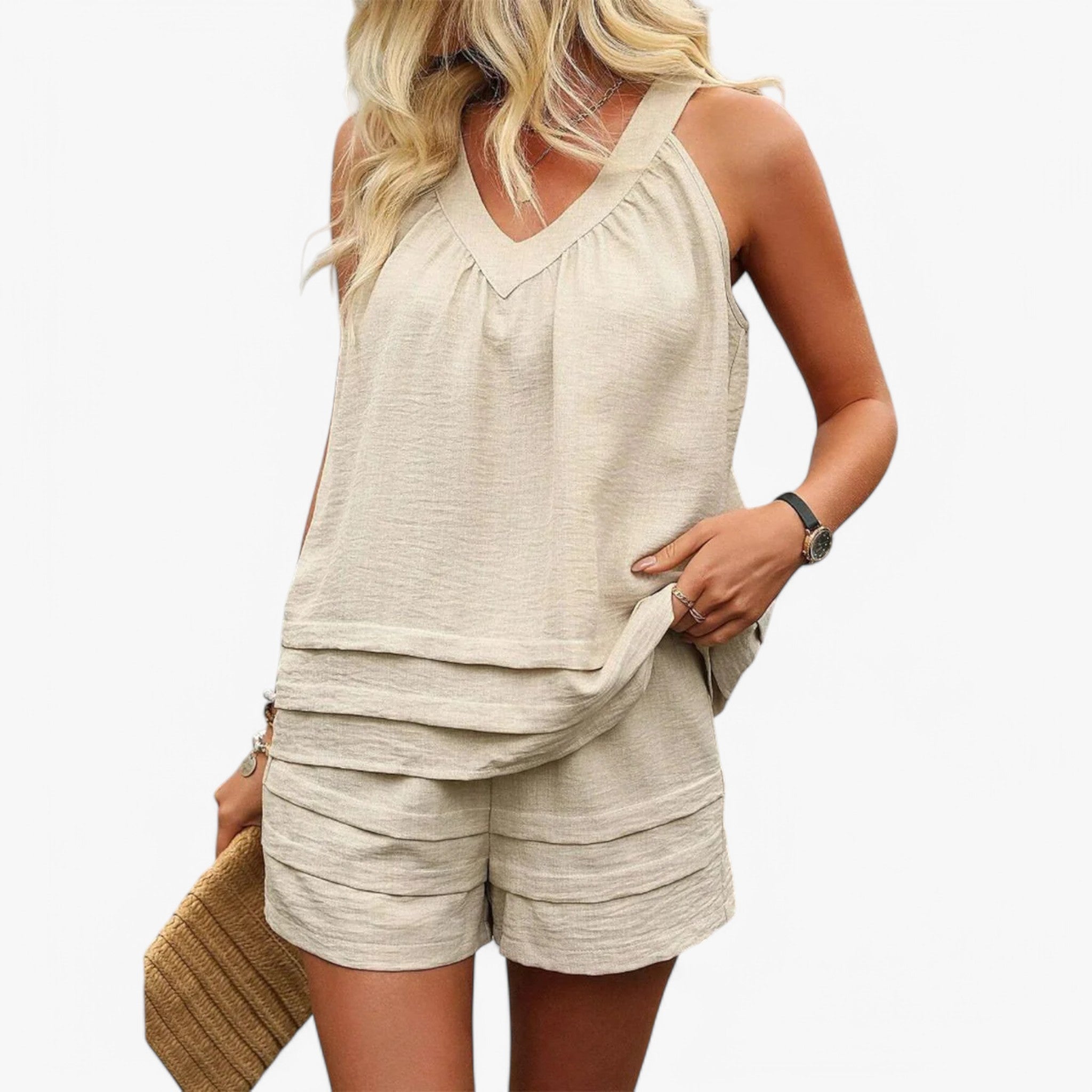 Elena | Todelt sæt med ærmeløs V-hals - Khaki - women's fashion - {{ product_tags }