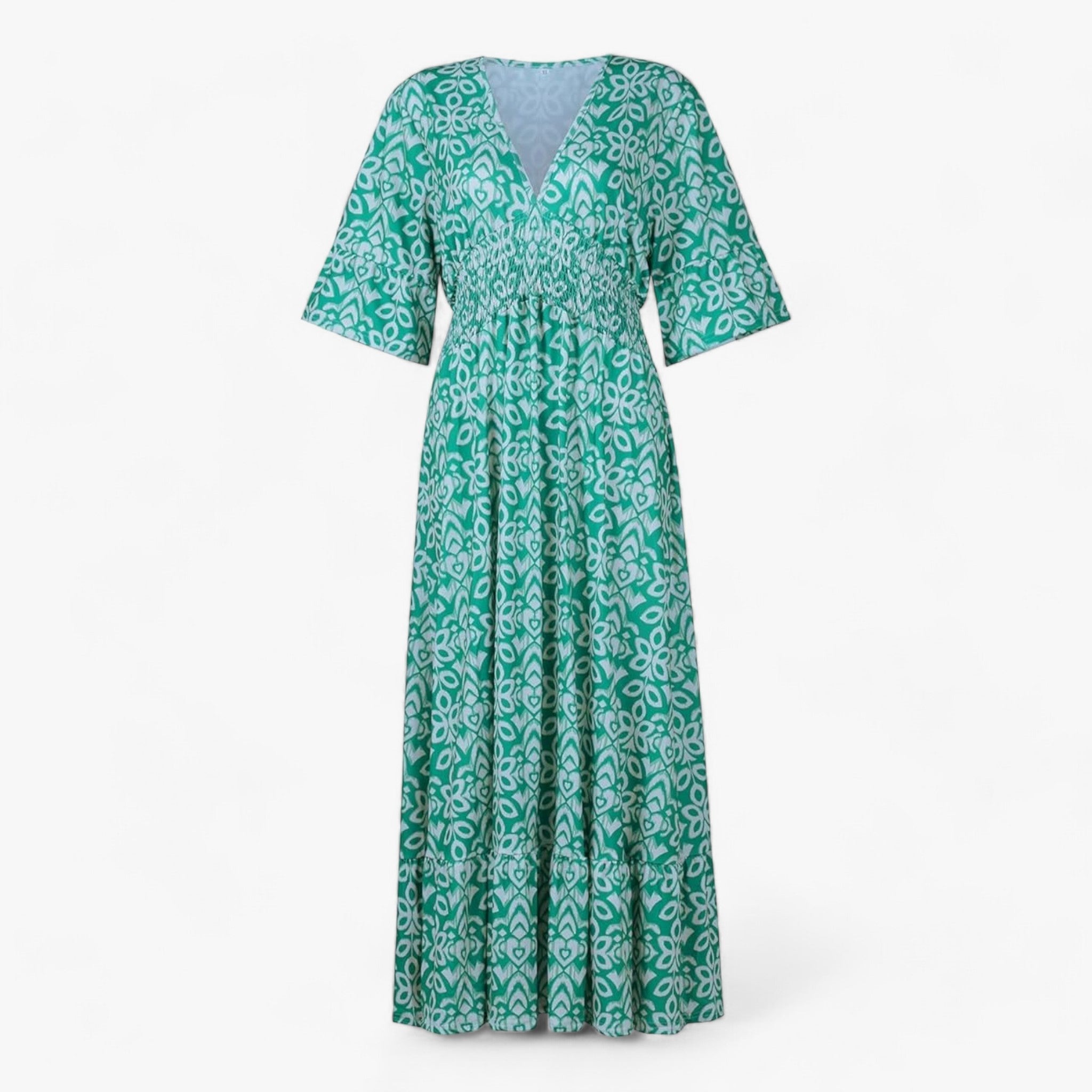 Flora | Stort blomstret V-halskjole - Perfekt til strandferier - Havblå - women's fashion - {{ product_tags }