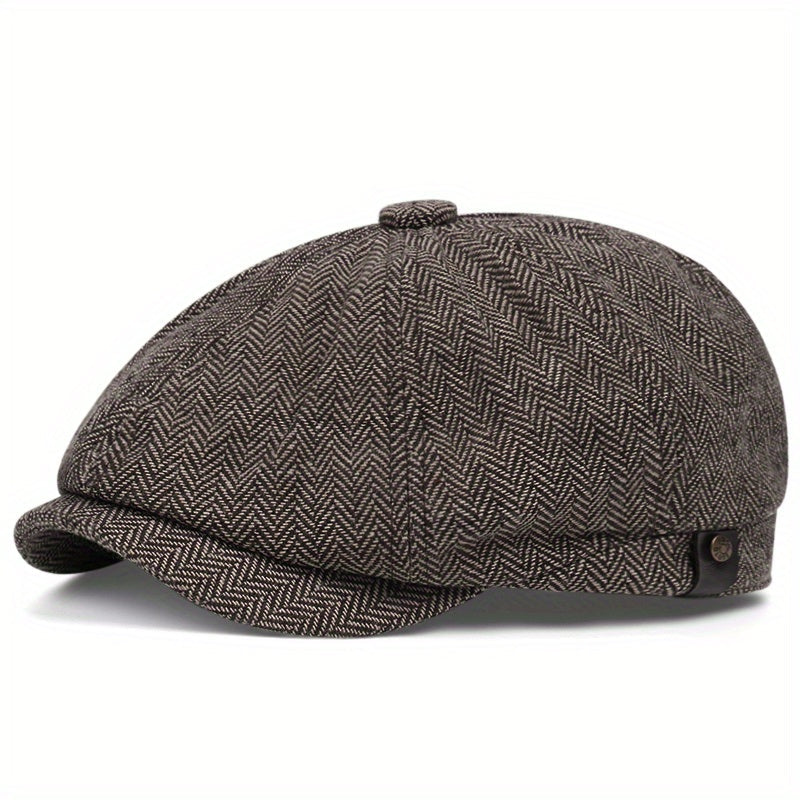 Retro kasket med otte paneler i sildebens-tweedstof, afslappet stribet kasket - Khaki - men's fashion - {{ product_tags }