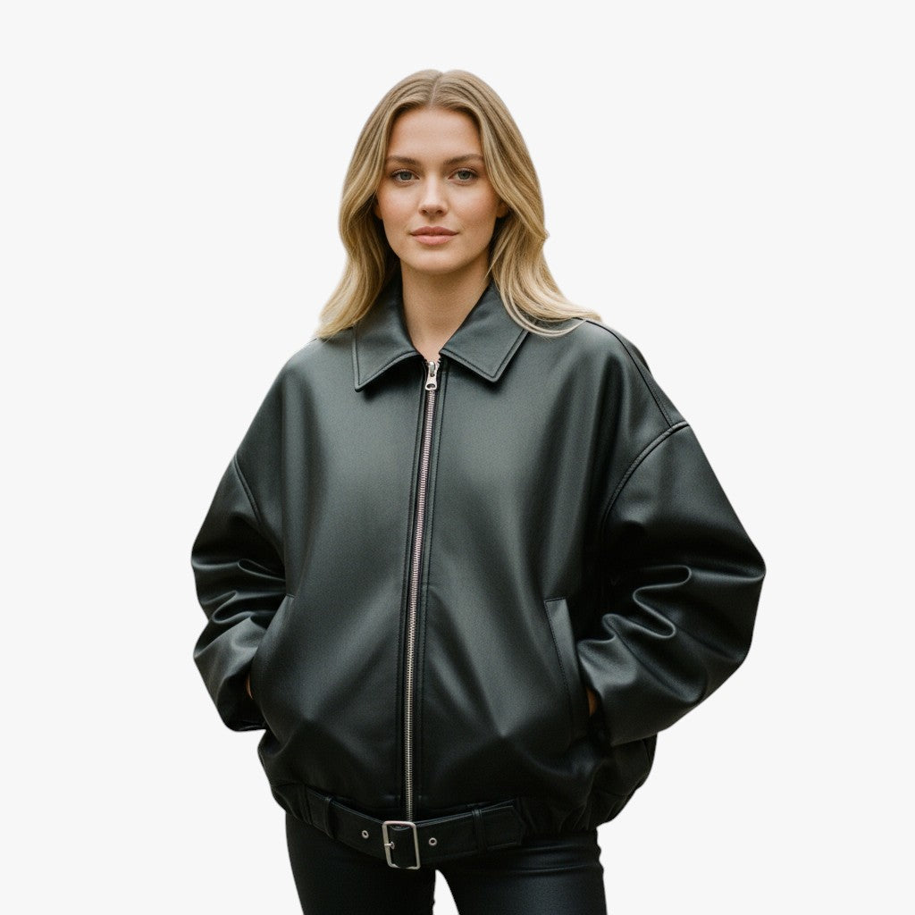 Erica | Kvinders Kort Læderjakke med Bælte - - Kvinders Jakker - {{ product_tags }