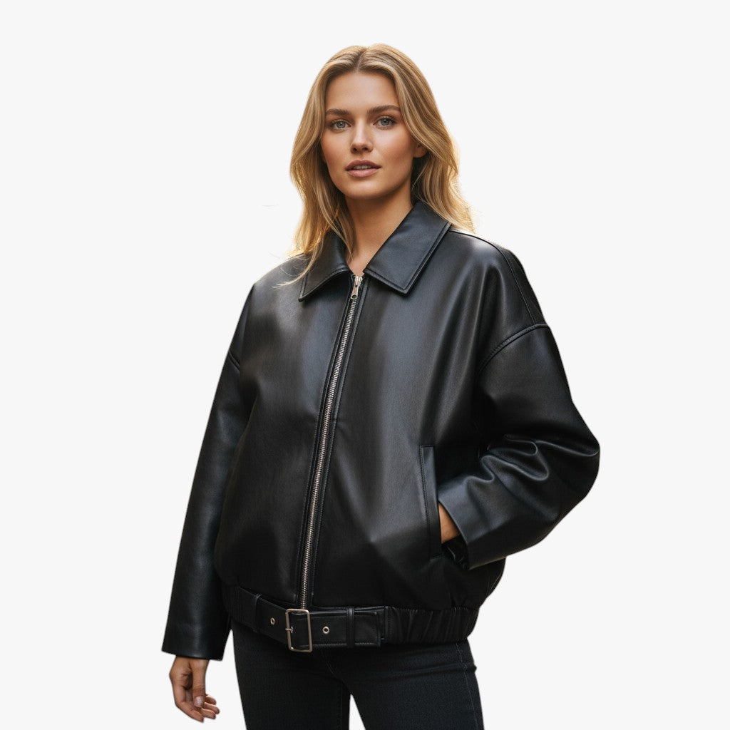 Erica | Kvinders Kort Læderjakke med Bælte - - Kvinders Jakker - {{ product_tags }