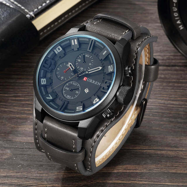 Kronograf-ur i læder til mænd - Sort Grå - watches - {{ product_tags }