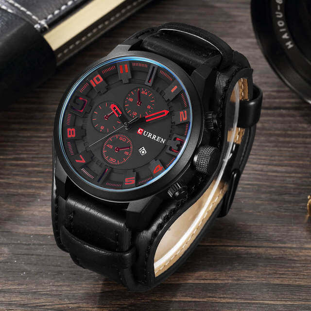 Kronograf-ur i læder til mænd - Sort Rød - watches - {{ product_tags }