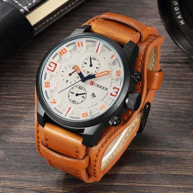 Kronograf-ur i læder til mænd - Brun Hvid - watches - {{ product_tags }