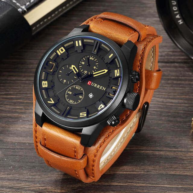 Kronograf-ur i læder til mænd - Brun Sort - watches - {{ product_tags }