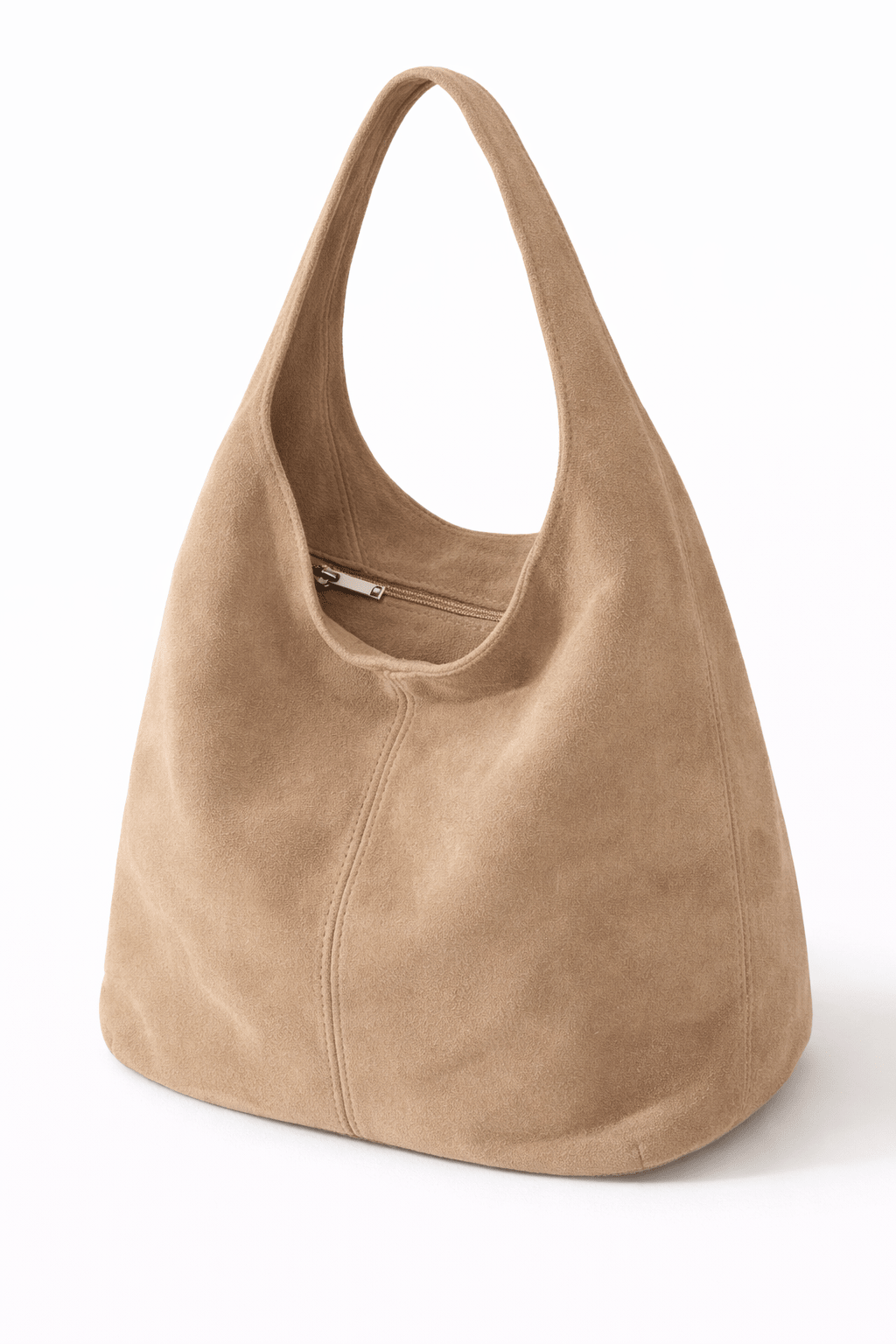 Suede Shopper Taske med Lynlaas - Beige - Bag - {{ product_tags }