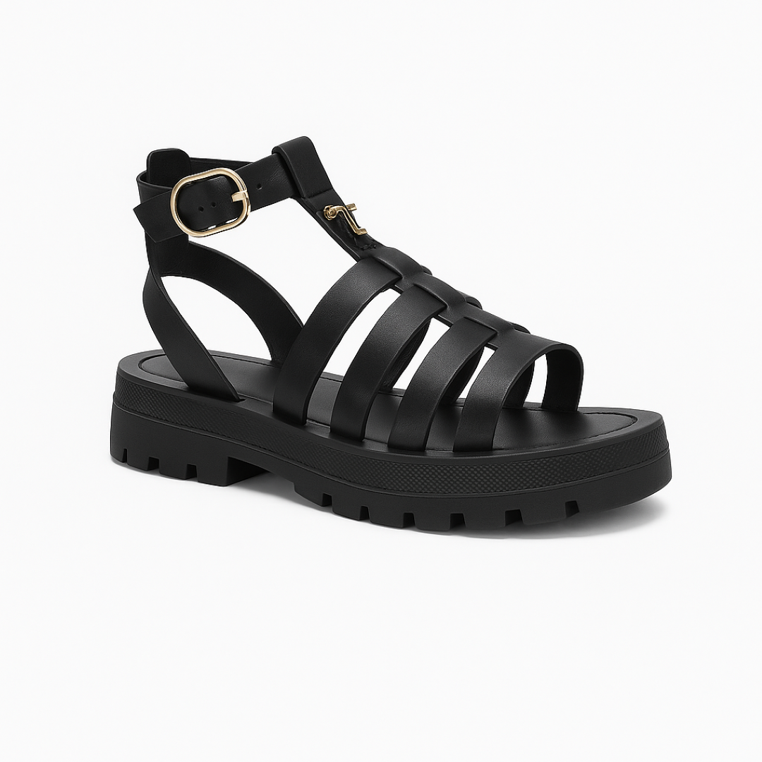 Maggie | Sandalo gladiator brun med guldbetjening og komfortsål - Sort - Maggie | Sandalo gladiator brun med guldbetjening og komfortsål - €25 - {{ product_tags }