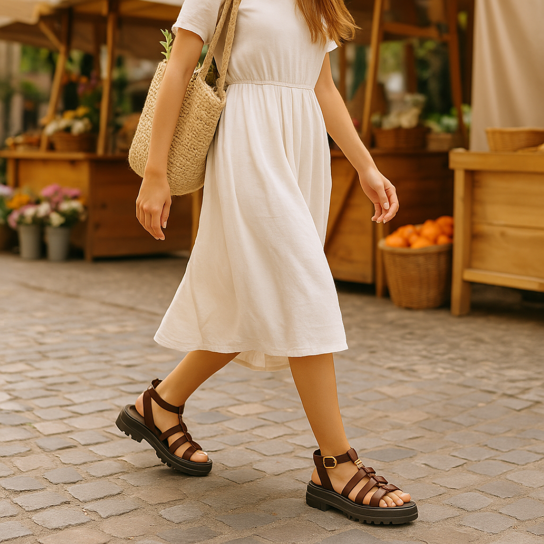 Maggie | Sandalo gladiator brun med guldbetjening og komfortsål - - Maggie | Sandalo gladiator brun med guldbetjening og komfortsål - €25 - {{ product_tags }