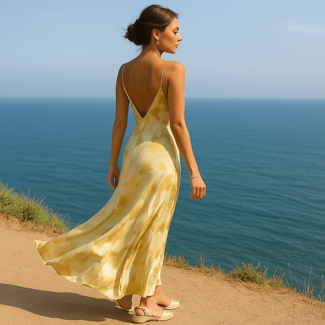 Aurora | Guldtonet satin slipkjole – Rygløs, flagrende elegance - - women's fashion - {{ product_tags }