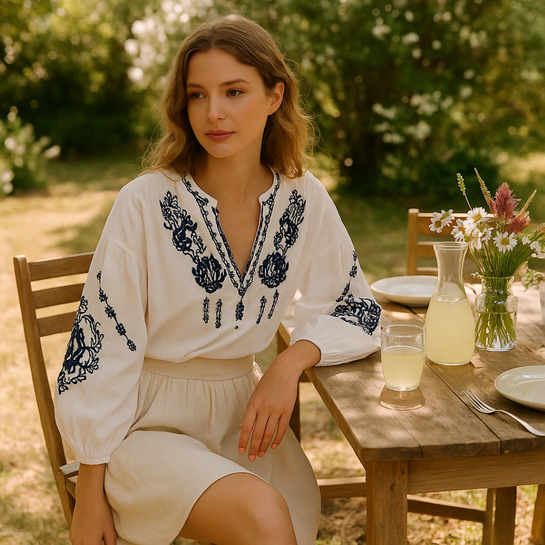 Alma | Boho-bluse med marineblåt broderimønster, løs pasform - - women's fashion - {{ product_tags }