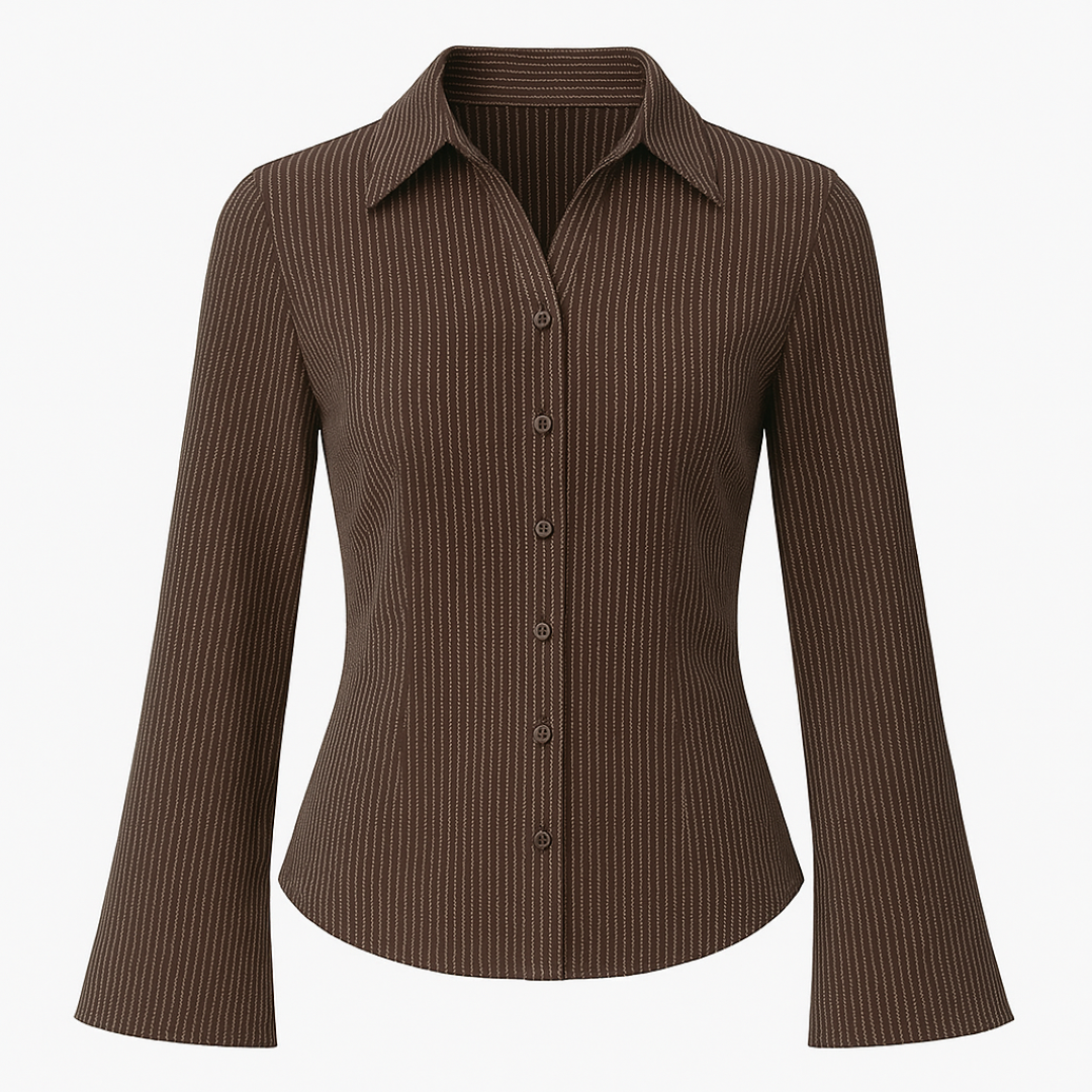 Katia | Snævert siddende stribet blusesskjorte med vide ærmer - Brun - women's fashion - {{ product_tags }