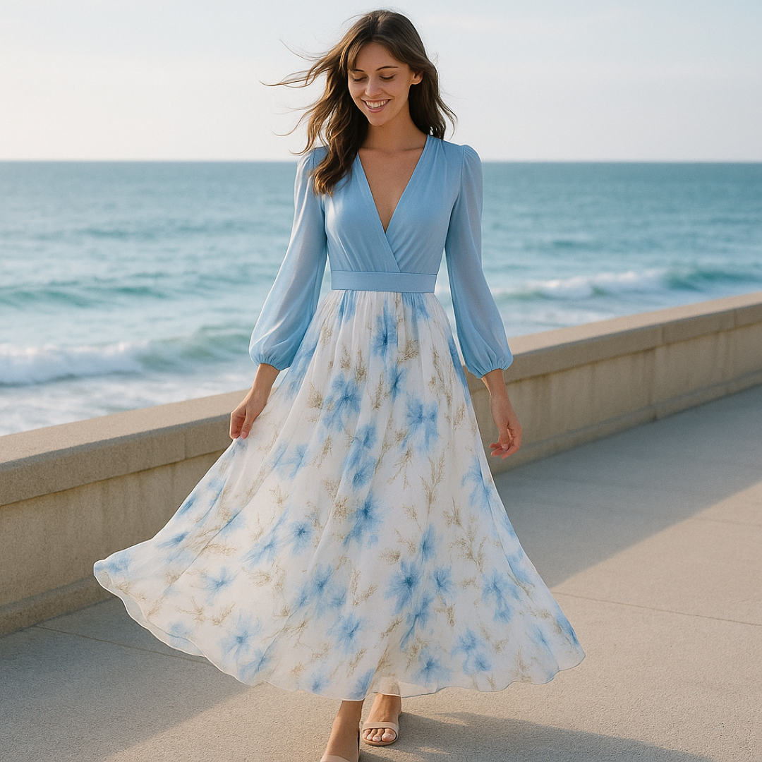 Cloe | Elegant langt kjole med lette ærmer og blomsteret nederdel - - women's fashion - {{ product_tags }