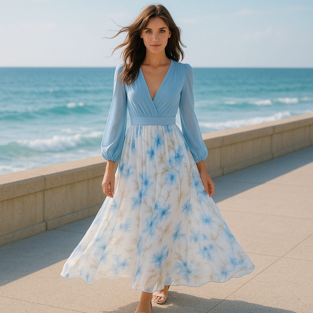 Cloe | Elegant langt kjole med lette ærmer og blomsteret nederdel - - women's fashion - {{ product_tags }