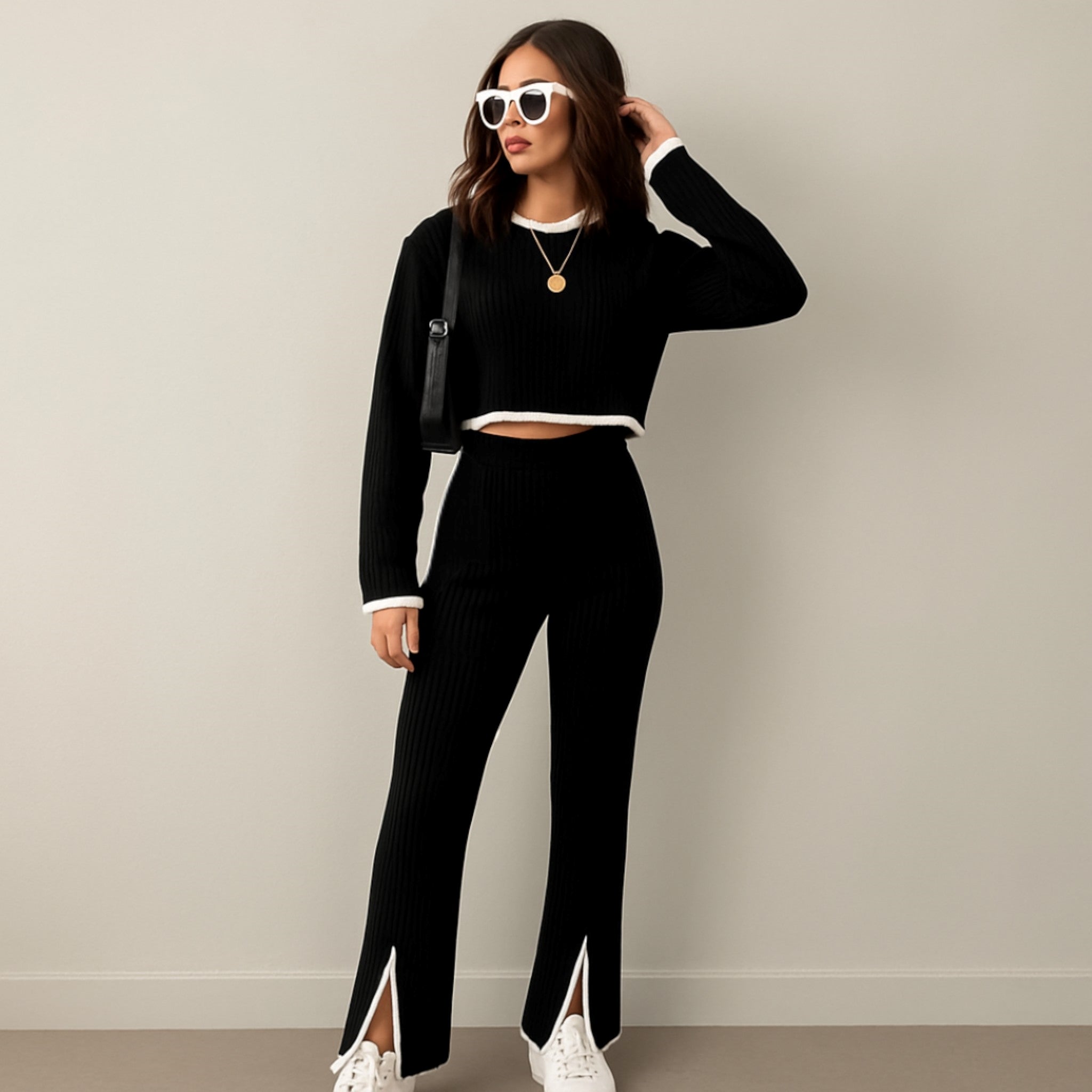 Hannah | 2-delt ribbet loungesæt med kontrastdetaljer - - women's fashion - {{ product_tags }
