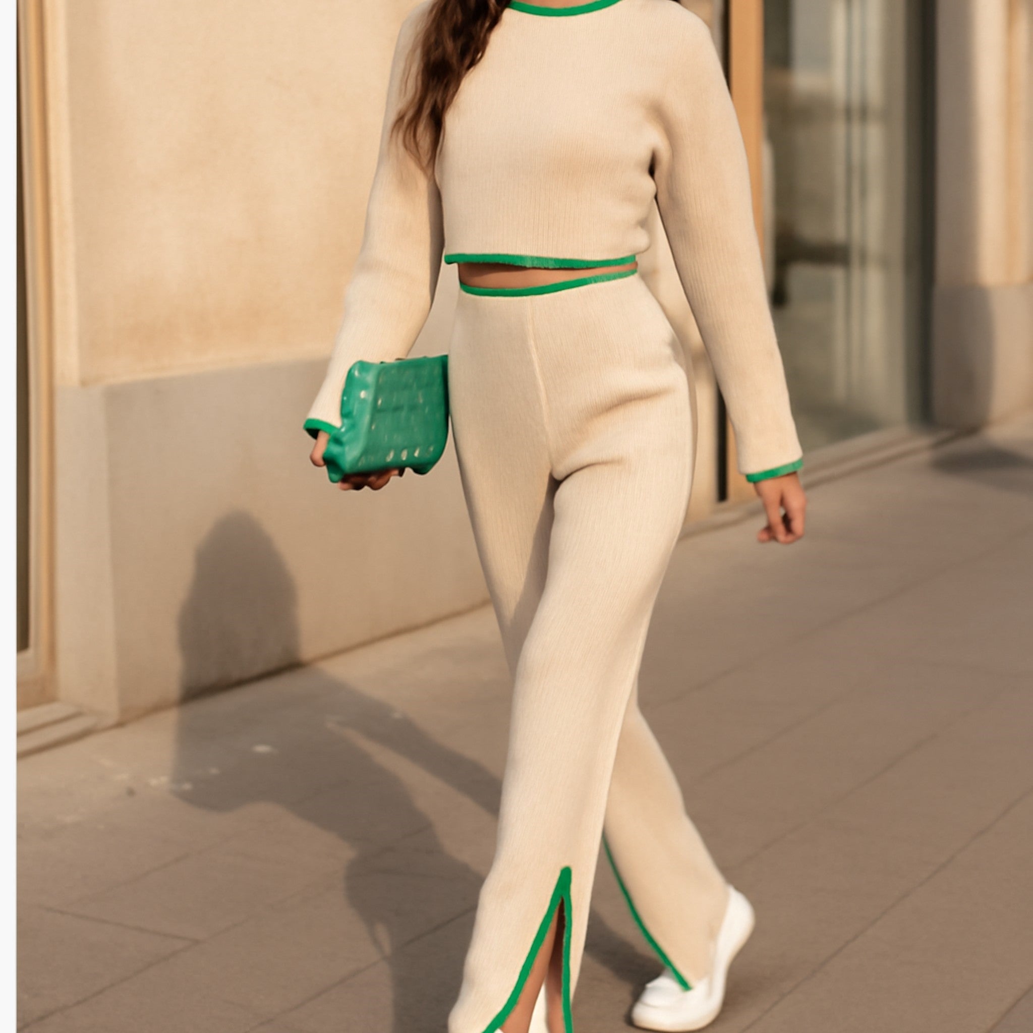 Hannah | 2-delt ribbet loungesæt med kontrastdetaljer - - women's fashion - {{ product_tags }