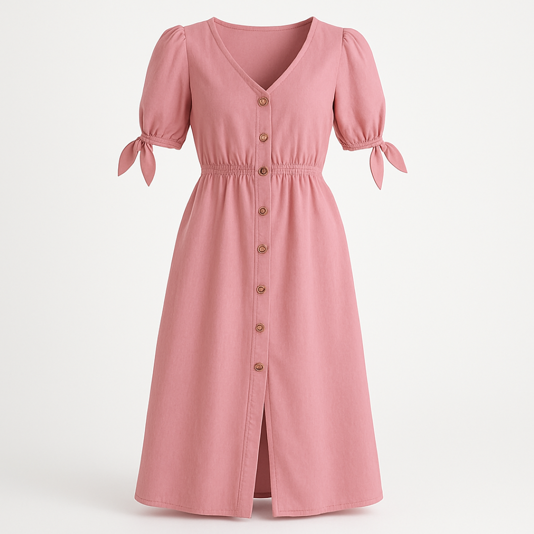 Charlotte | Midi kjole med puffærmer og knapper i træ - Rosa - women's fashion - {{ product_tags }