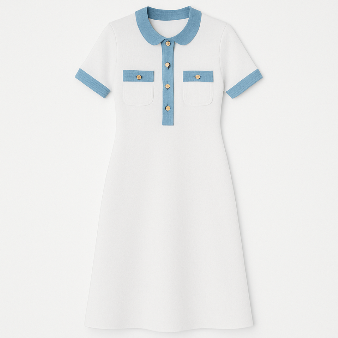Lucia | Lang kjole i hvid strik med denim detaljer - Hvid Lys Blå - Lucia | Lang kjole i hvid strik med denim detaljer- €25 - {{ product_tags }