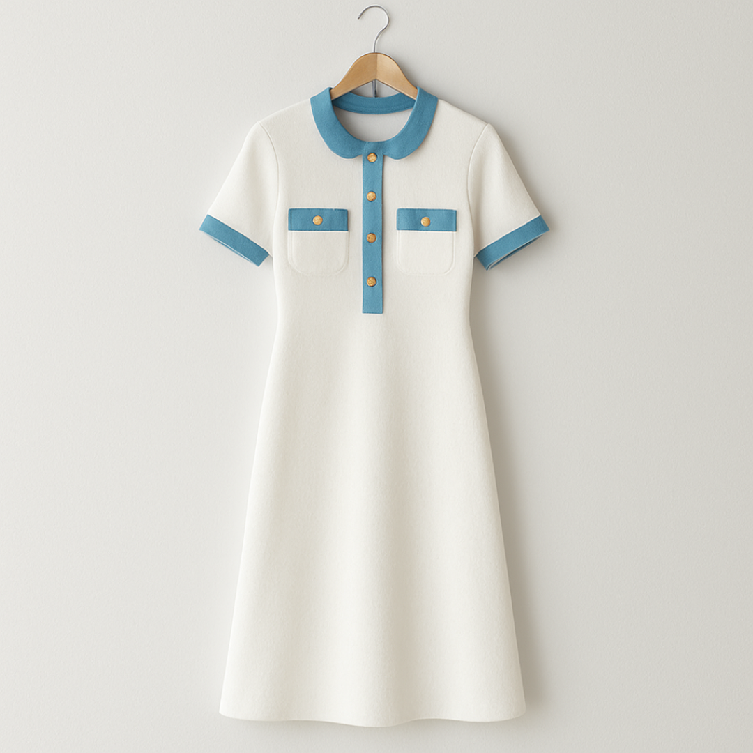 Lucia | Lang kjole i hvid strik med denim detaljer - - Lucia | Lang kjole i hvid strik med denim detaljer- €25 - {{ product_tags }
