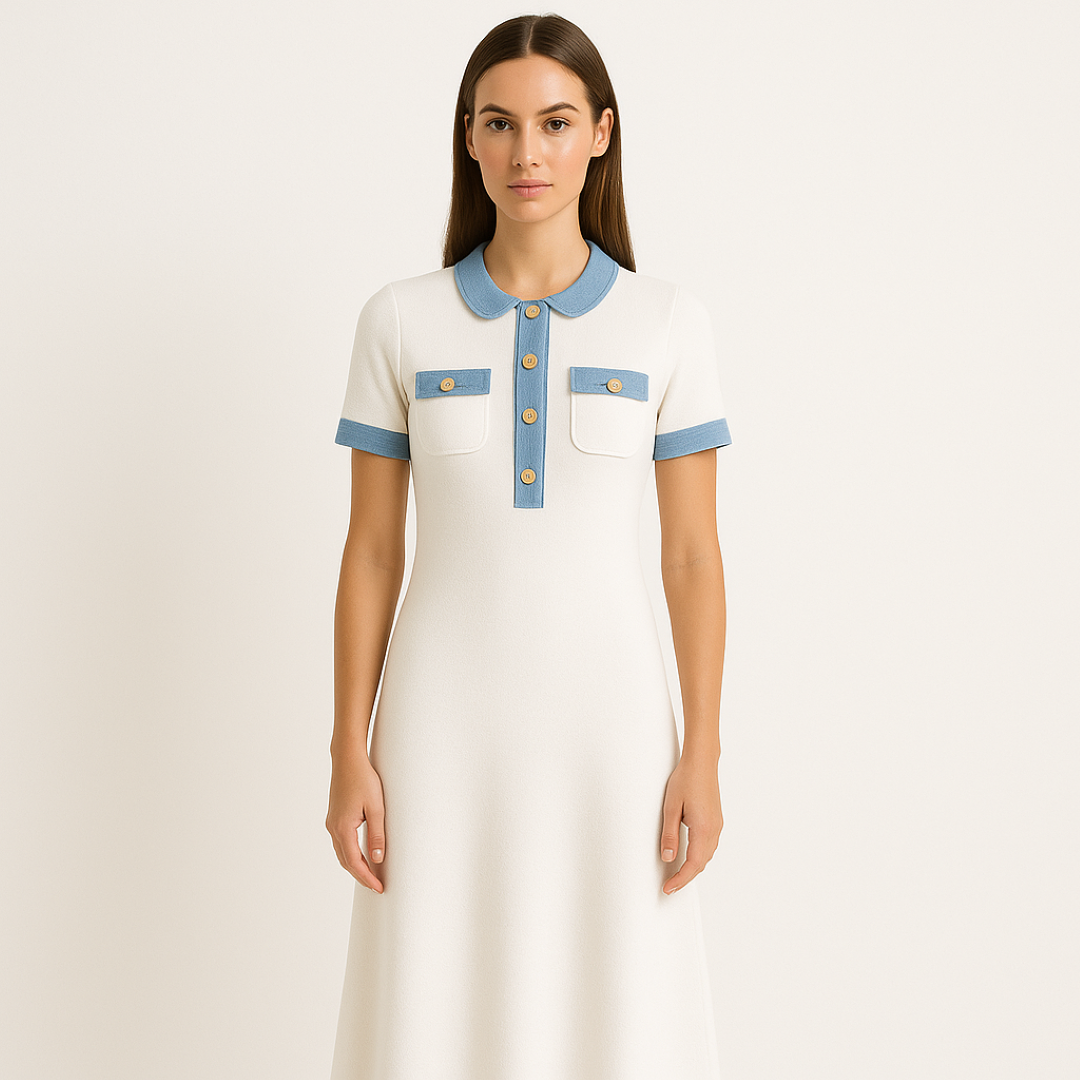 Lucia | Lang kjole i hvid strik med denim detaljer - - Lucia | Lang kjole i hvid strik med denim detaljer- €25 - {{ product_tags }
