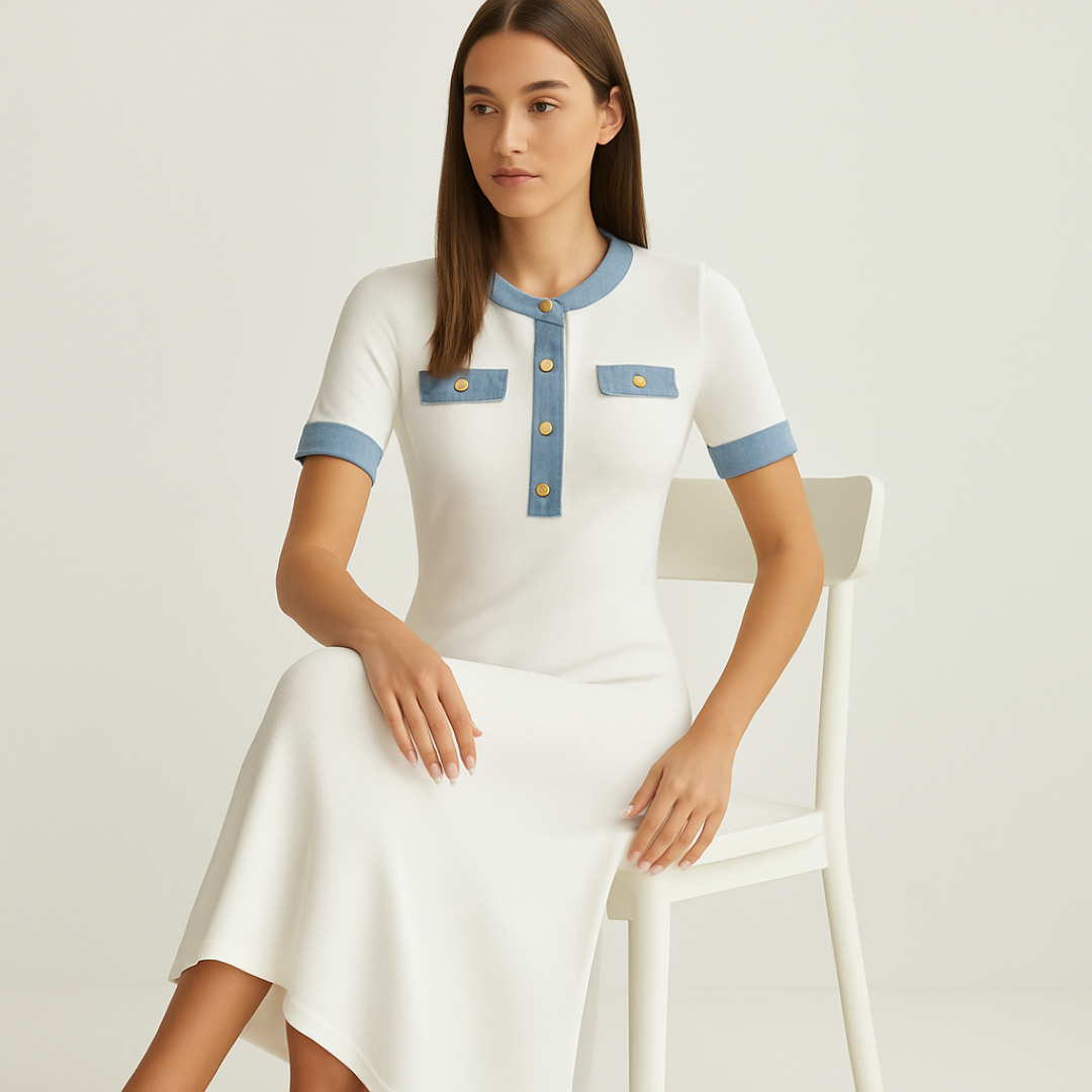Lucia | Lang kjole i hvid strik med denim detaljer - - Lucia | Lang kjole i hvid strik med denim detaljer- €25 - {{ product_tags }
